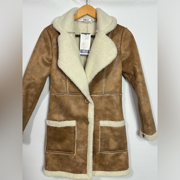 LNK LANDSCAPE Sherpa Shearling Jacket Camel and cream collared Sz Small - Picture 12 of 16